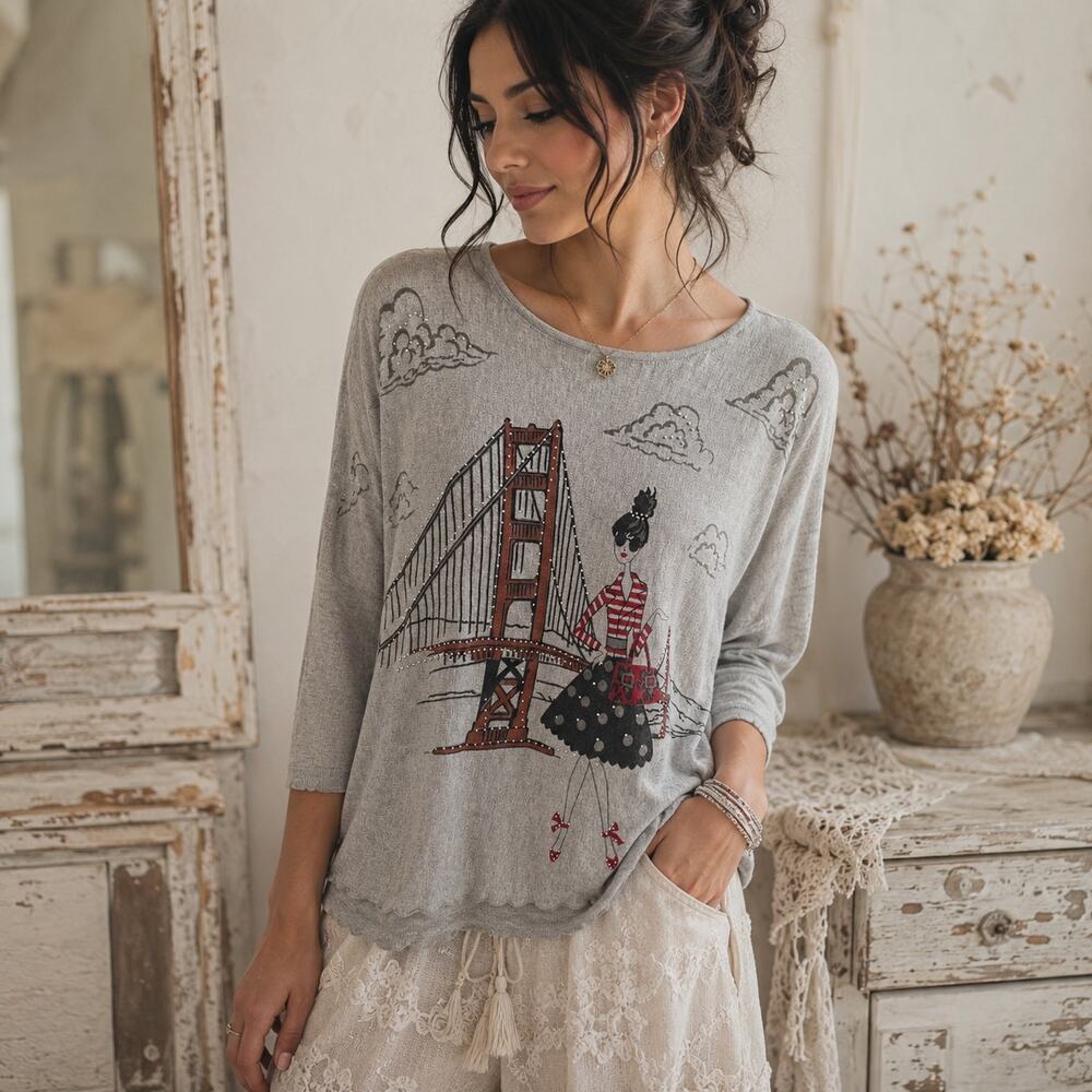Mesh & Lace Light Gray Graphic Tunic Sweater | SZ S | Oversized - High Fashion